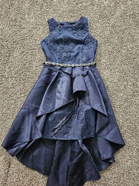 Rare Editions Navy Blue Embroidered High-Low Party Dress with Jeweled Belt